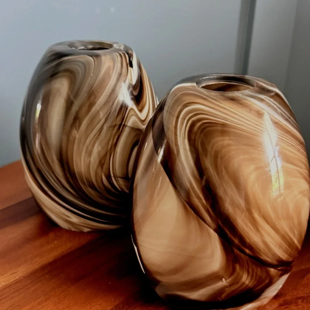 Pair Swirl Glass Pendant Lamp Shades Brown White Marbleized Bell Globes 6.5